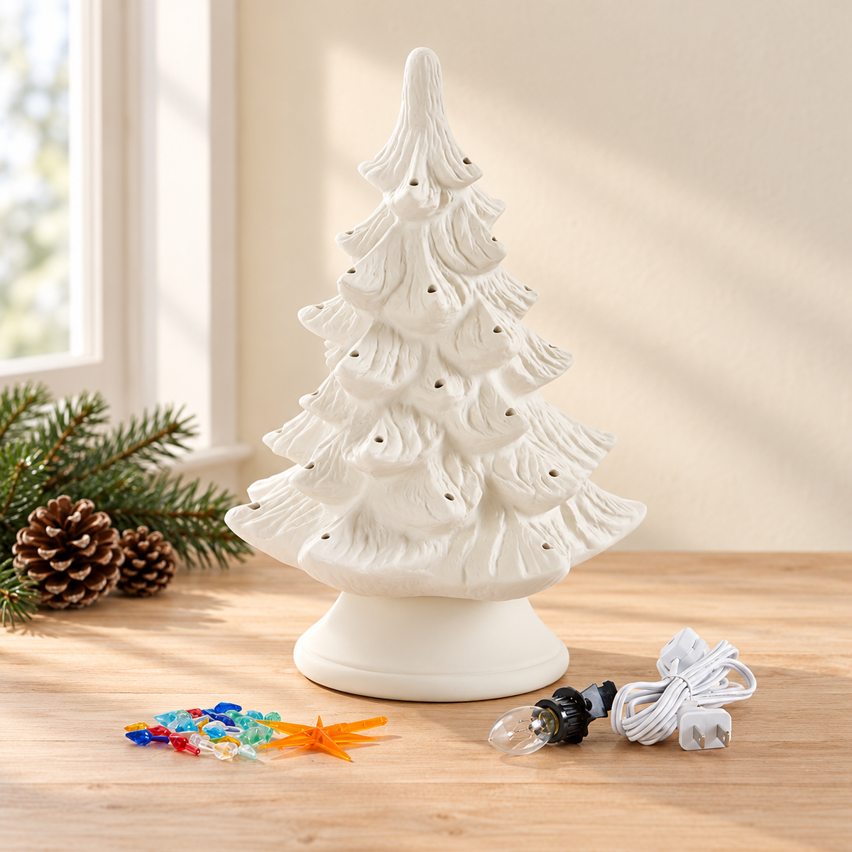 White ceramic Christmas tree with built-in light bulbs, shown on a wooden tabletop with a power cord, loose bulbs, and evergreen branches in a softly lit indoor setting.