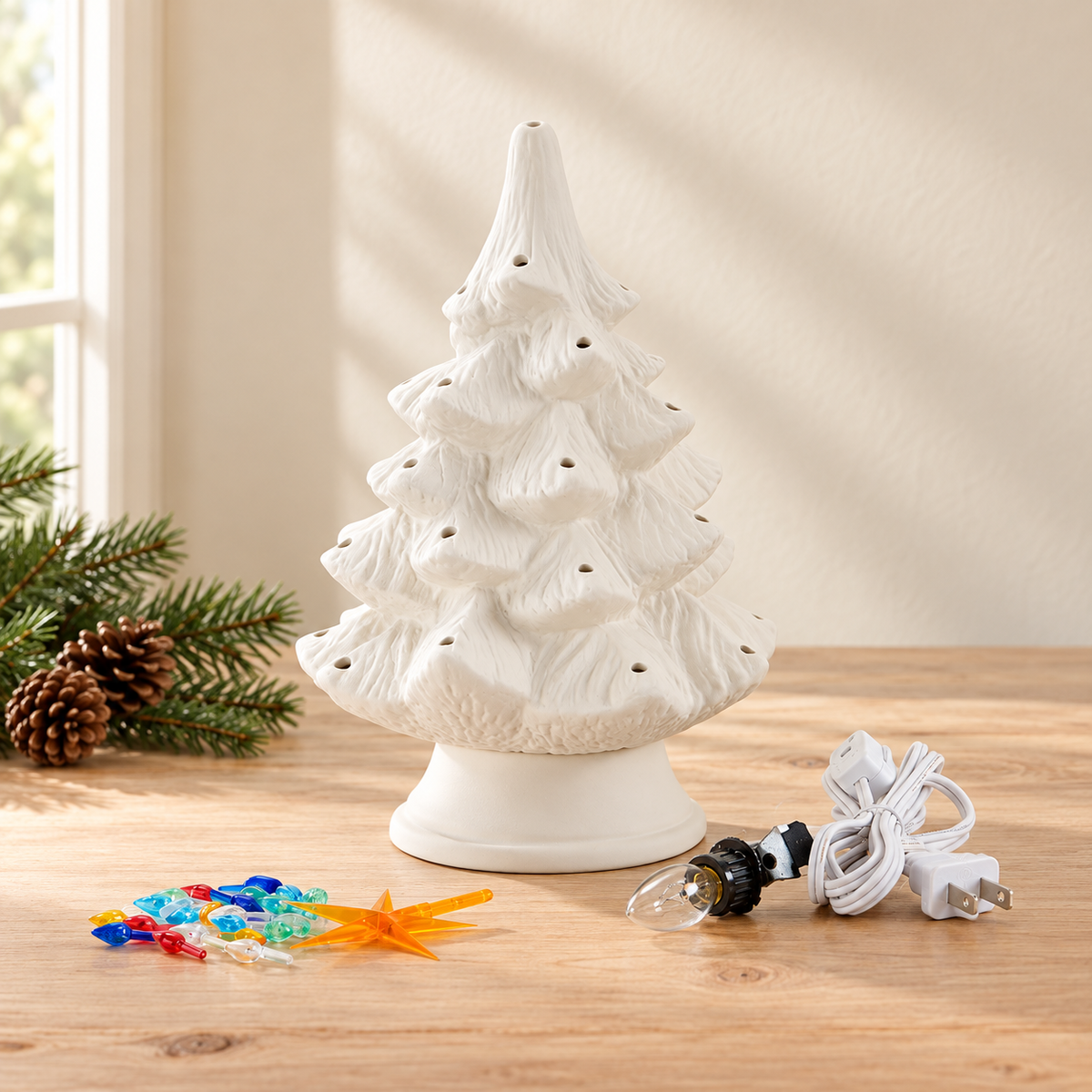 A white ceramic Christmas tree with a coiled white cord, clear bulb, and colorful decorative accents on a wooden table, with pine branches and a pinecone nearby.