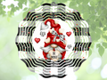 Gnome with red hat and heart-shaped text 'Be Mine' on a decorative background with plaid pattern wind spinner by Coastal Ginger Creations 