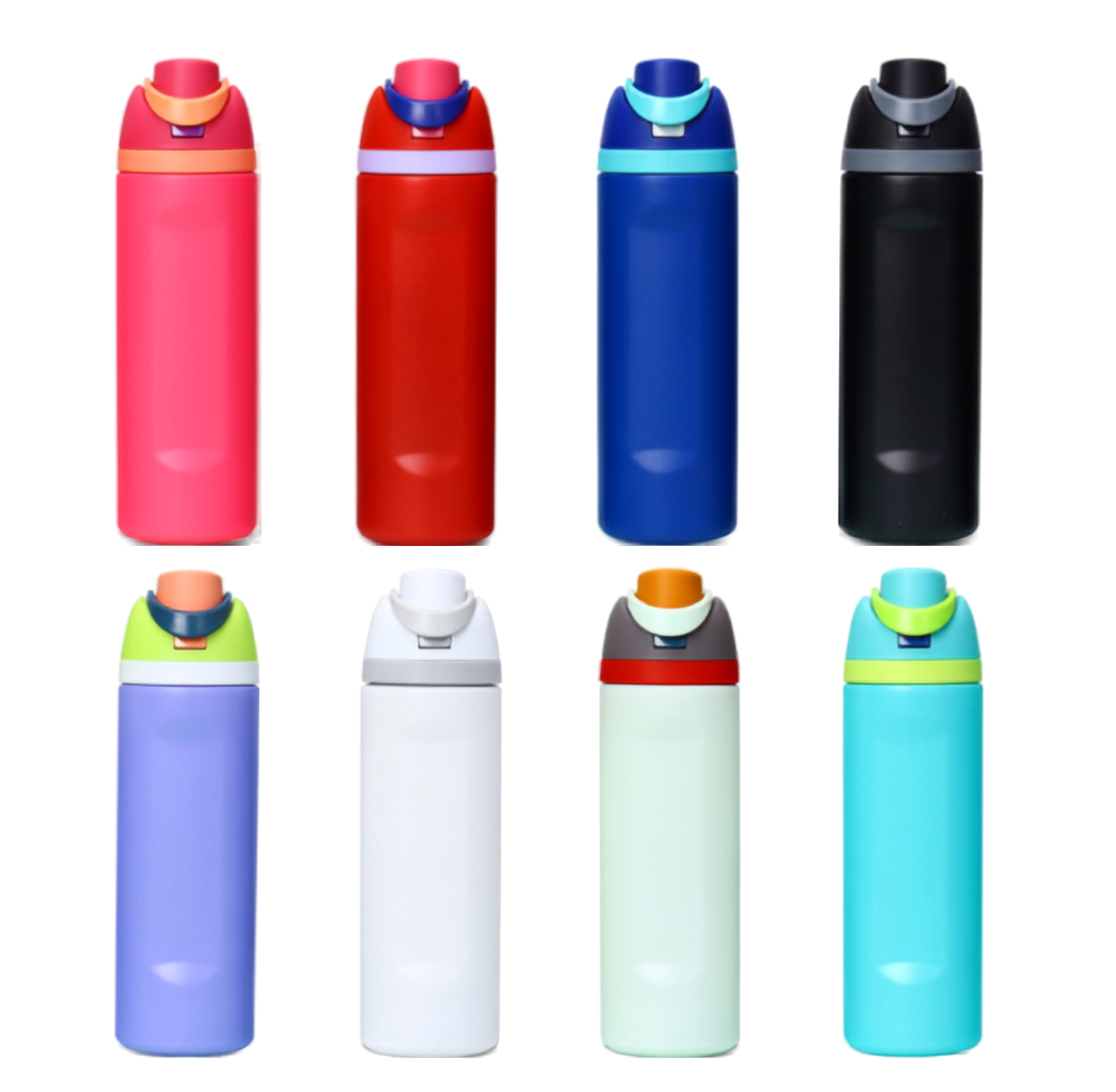 Eight reusable water bottles arranged in a 2x4 grid on a white background, showing different color options: pink, red, blue, black, purple, white, light green, and turquoise.