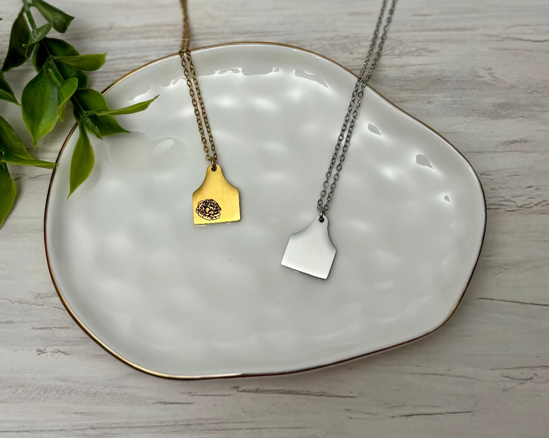Gold and silver cow tag necklace perfect for engraving from Coastal Ginger Creations 