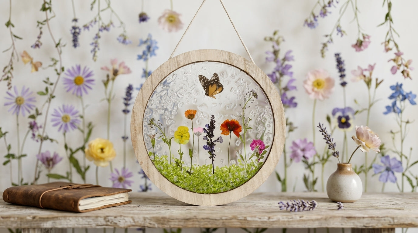 Round wooden frame with flowers and a butterfly