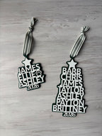 Stacked Names in the Shape of a Christmas Tree in white with a green backer