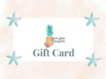 A gift card design with a white central panel on a soft peach background, decorated with four light blue starfish and a pineapple illustration above the words 'Gift Card' and the brand name 'Coastal Ginger Creations'.