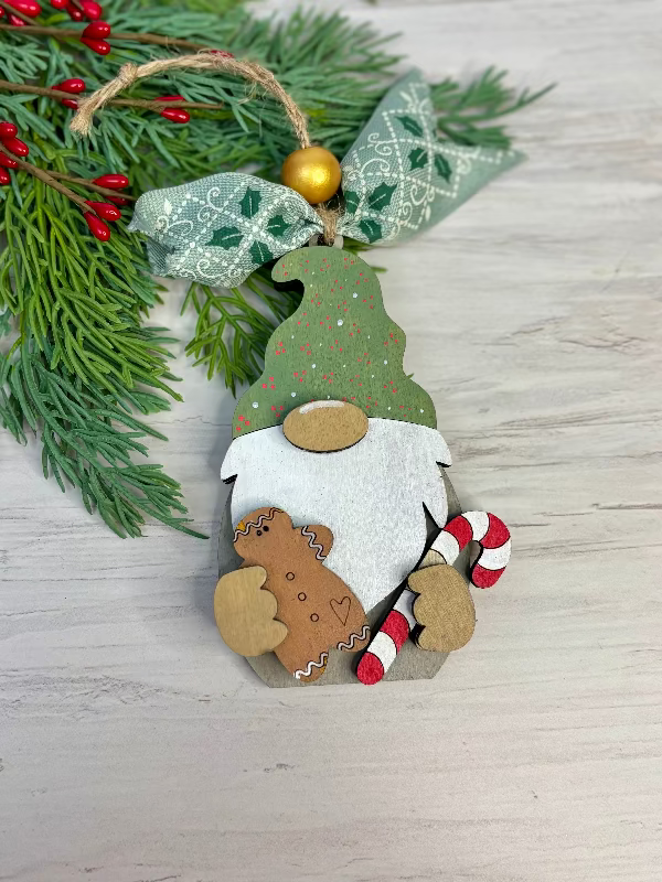 Gnome Holding Gingerbread and Candy Cane Ornament for Ornament Bar by Coastal Ginger Creations 