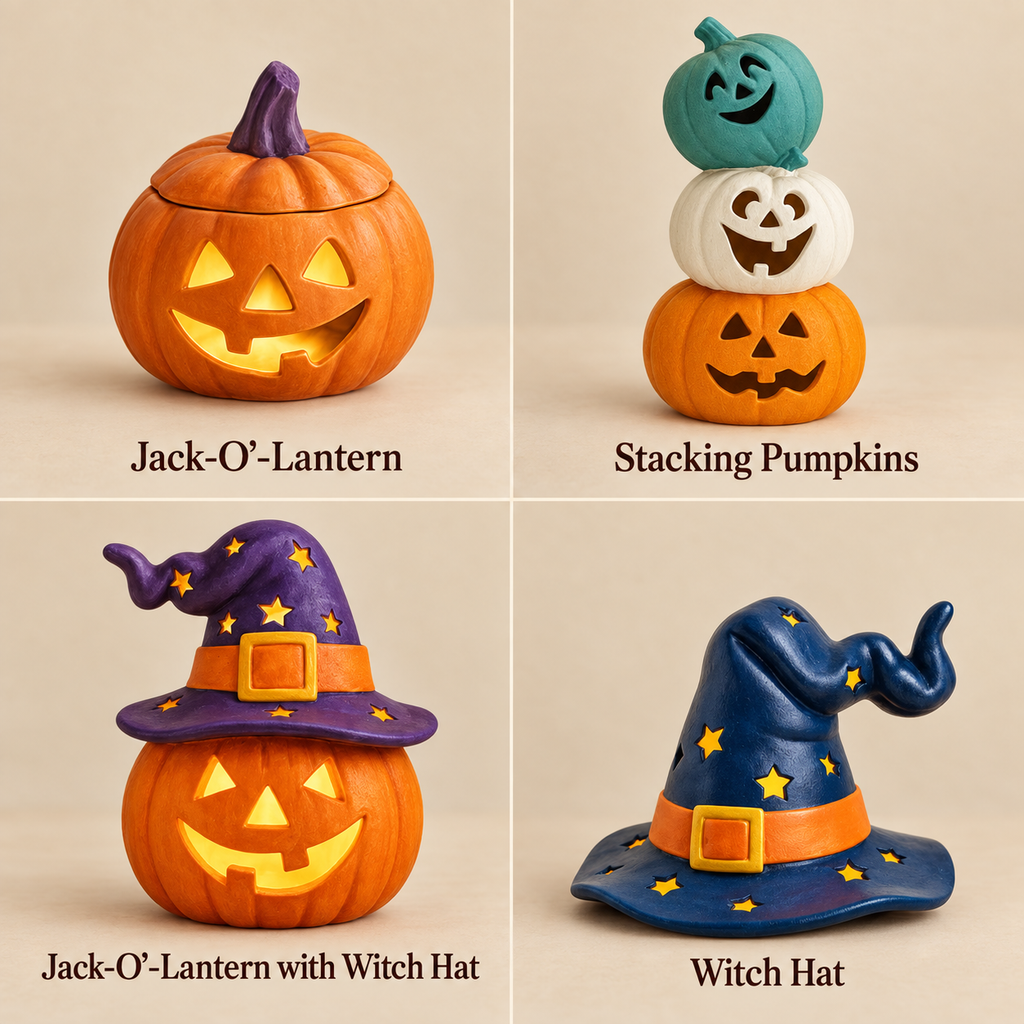 Four Halloween-themed decorative ceramics shown in a 2x2 grid on a warm beige background: a carved jack-o'-lantern with a purple top, stacked pumpkins with a teal, white, and orange design, a jack-o'-lantern wearing a purple witch hat, and a standalone black witch hat