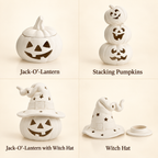 Four white ceramic Halloween-themed decorative pieces arranged in a 2x2 grid on a light beige background, with labels underneath: Jack-O'-Lantern, Stacking Pumpkins, Jack-O'-Lantern with Witch Hat, and Witch Hat.