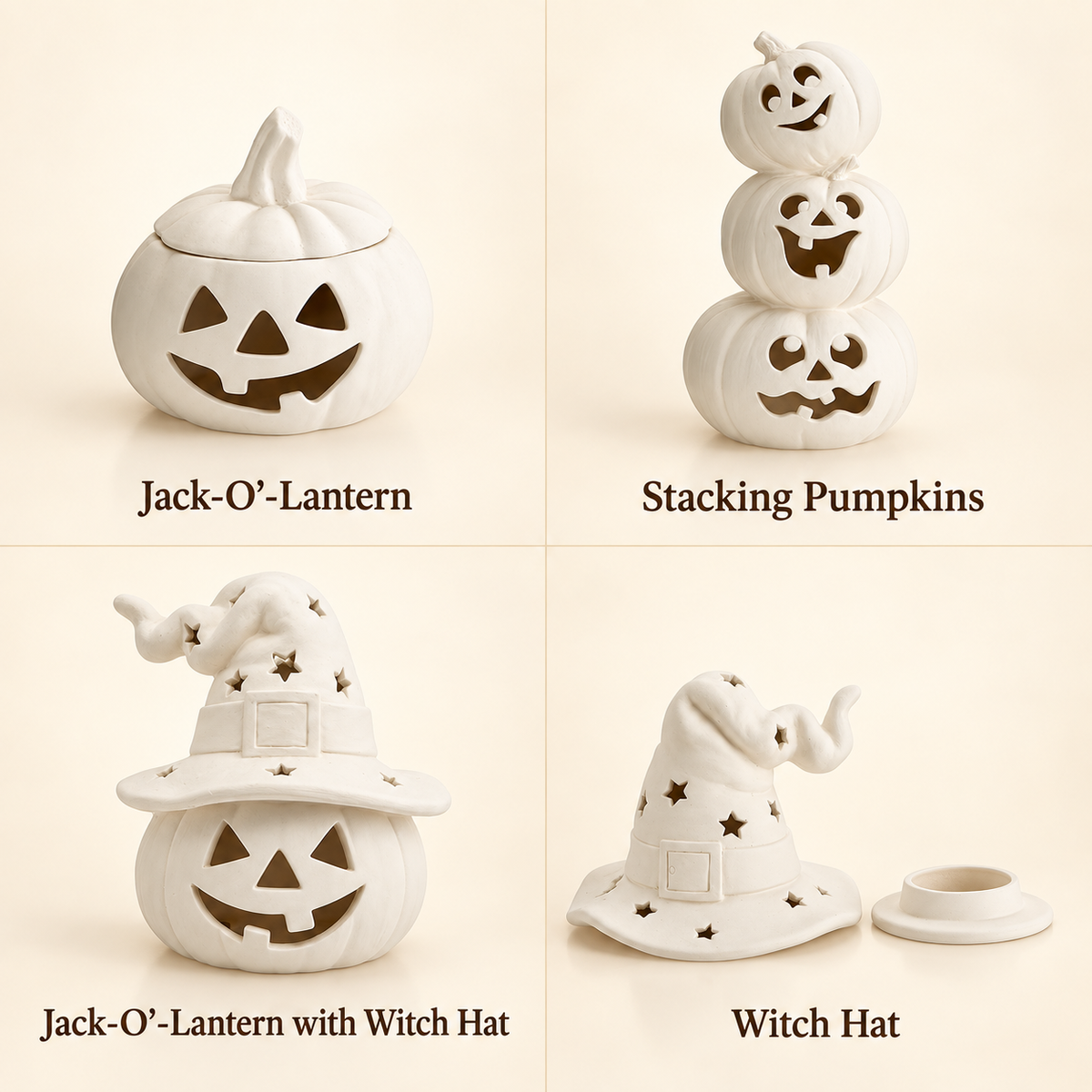 Four white ceramic Halloween-themed decorative pieces arranged in a 2x2 grid on a light beige background, with labels underneath: Jack-O'-Lantern, Stacking Pumpkins, Jack-O'-Lantern with Witch Hat, and Witch Hat.