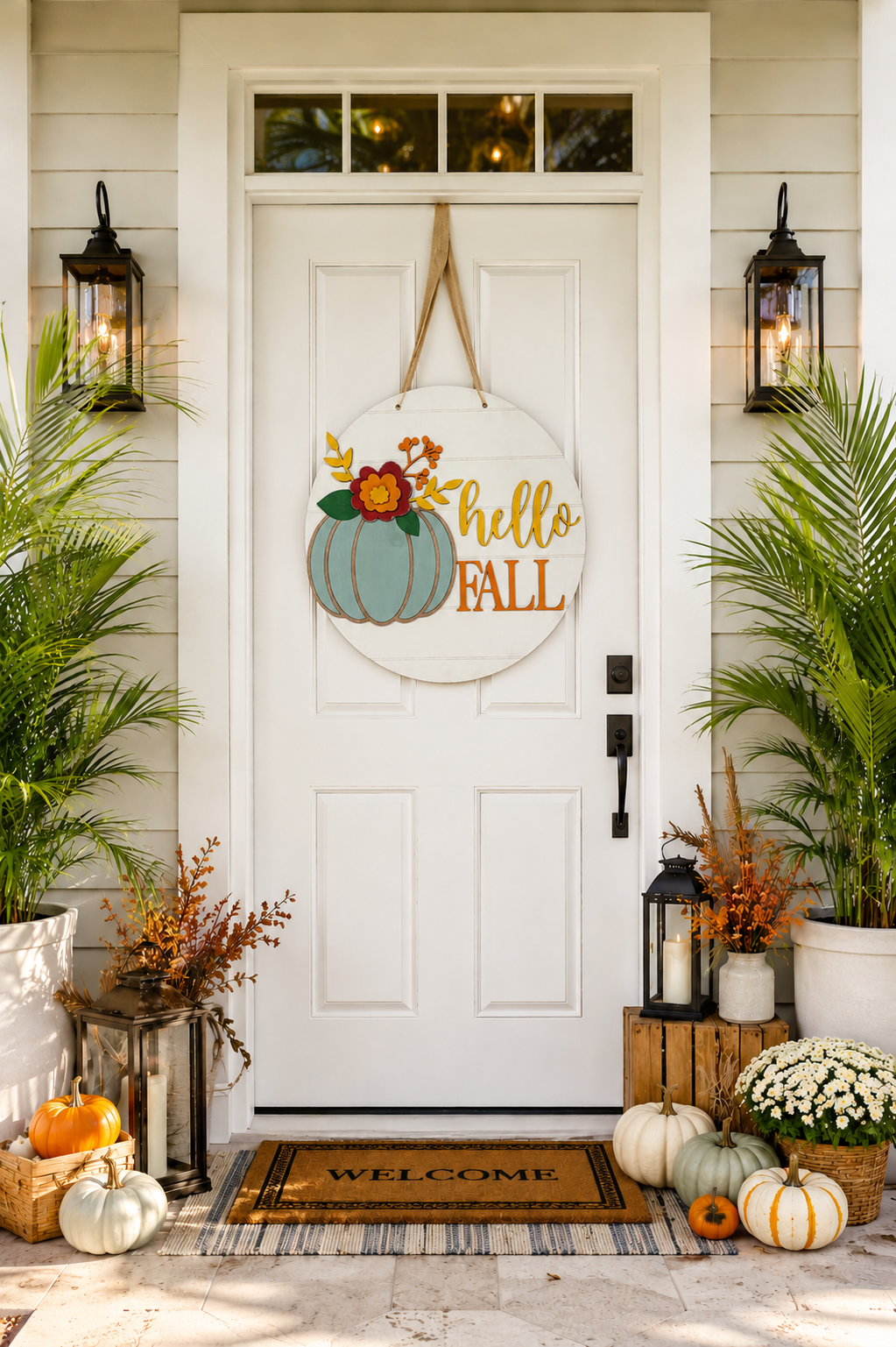 A round wooden 'hello fall' door hanging displayed on a white front door. 