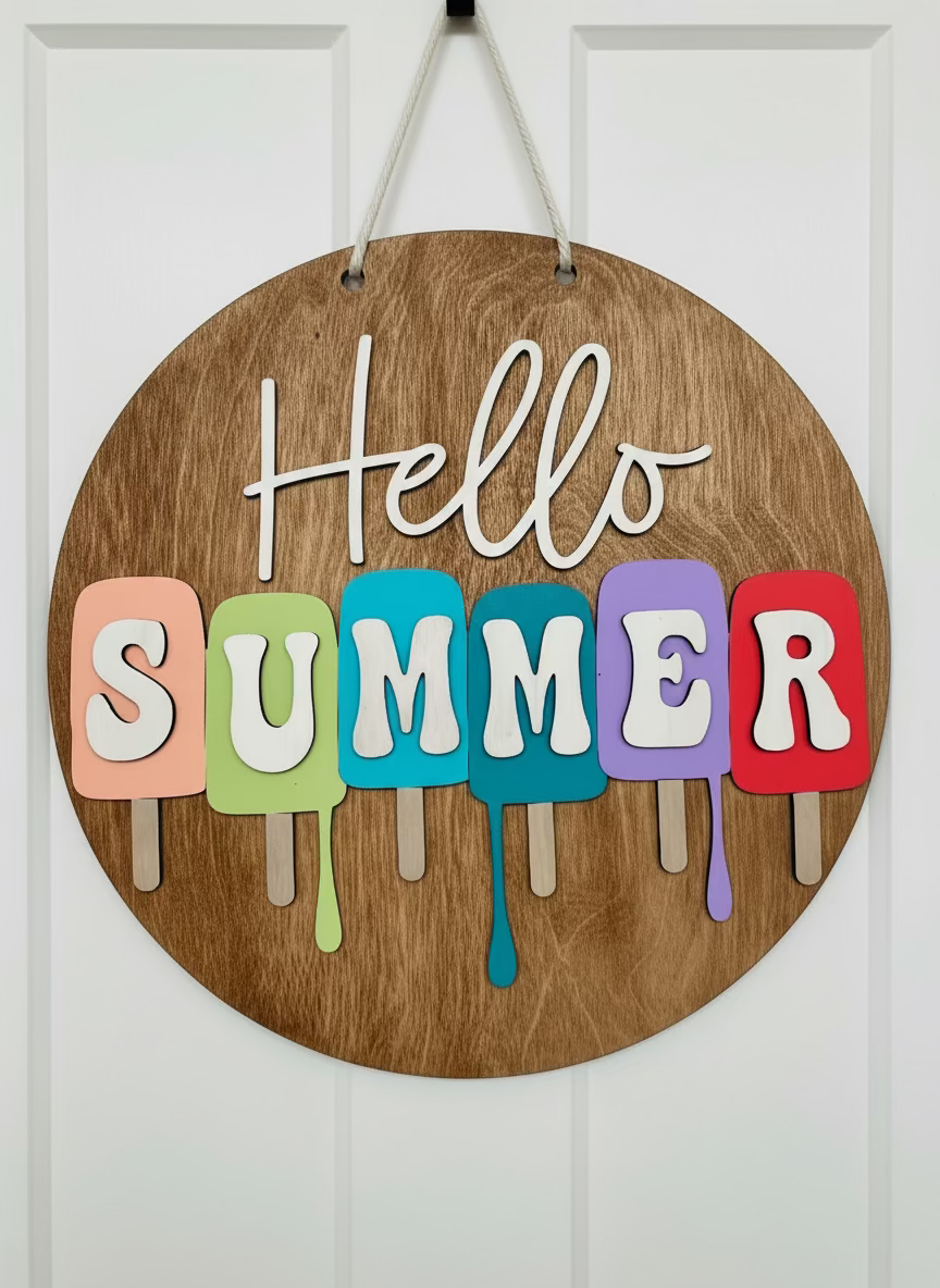 Painted Hello Summer Popsicle Door Hanger by Coastal Ginger Creations 