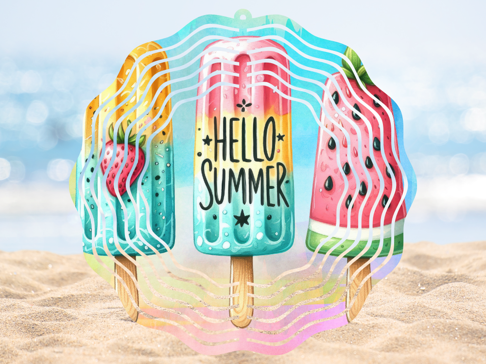 Brightly colored hello summer popsicle wind spinner by Coastal Ginger Creations 