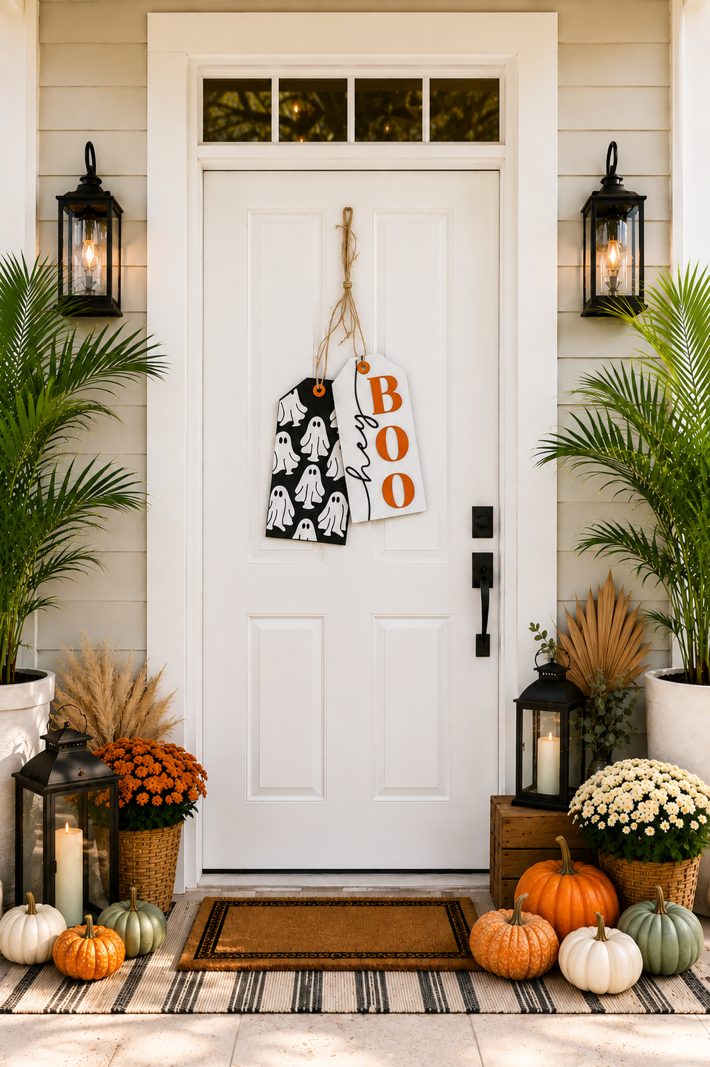 A white front door decorated for Halloween with a black and white ghost-patterned sign and a white 'hey boo' sign hanging from twine. 