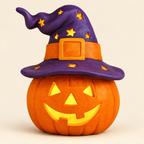 A carved orange jack-o'-lantern pumpkin wearing a purple witch hat with yellow stars and an orange belt, photographed against a plain light beige background.