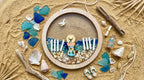 Circular frame, seashells, and figurine of a lady in a bathing suit on a beach.