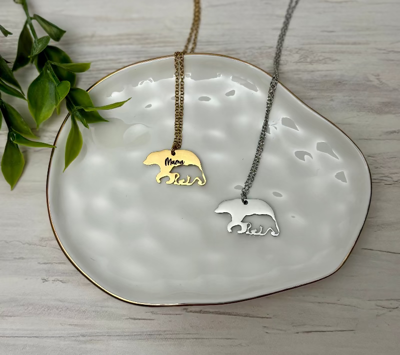 Mama and Bear Cub Necklace available in Gold and Silver from Coastal Ginger Creations
