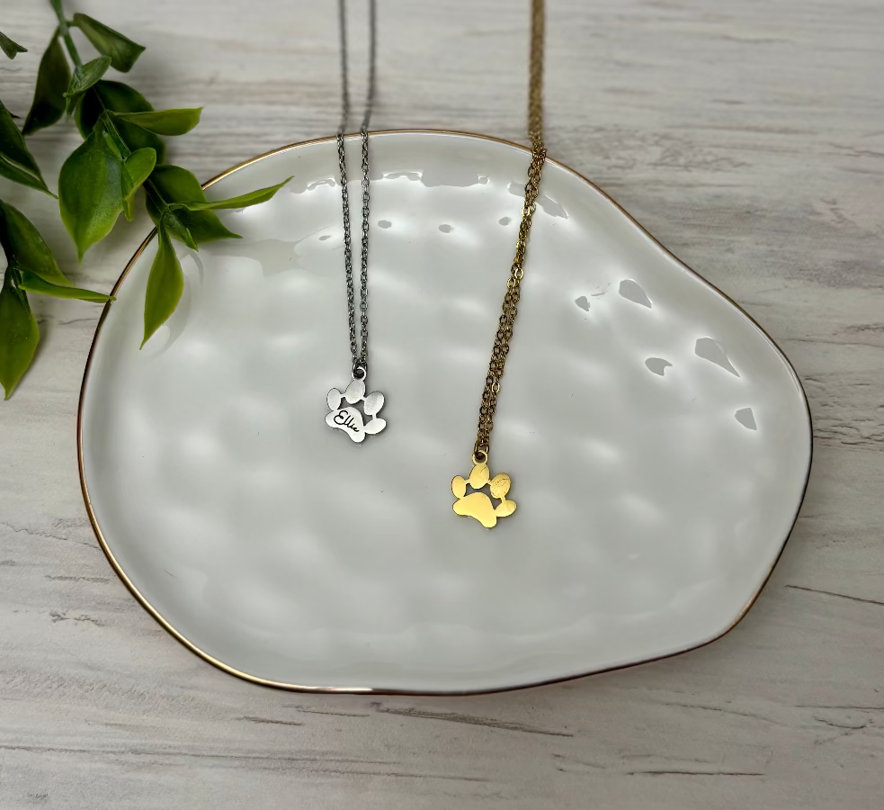 Paw Print necklace available in silver and gold perfect for engraving by Coastal Ginger Creations