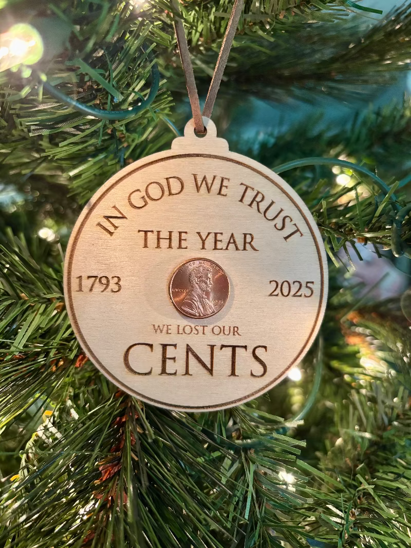 Wooden historic penny Christmas ornament with leather hanger, commemorative keepsake celebrating the end of U.S. penny production