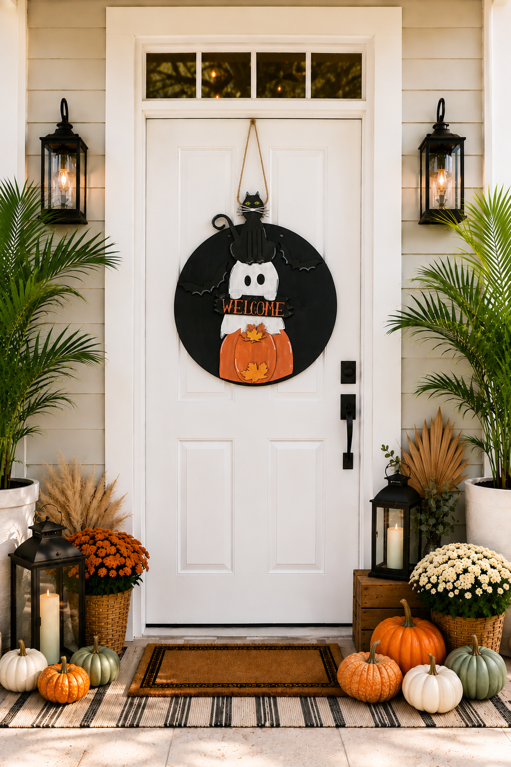 A Halloween-themed front door decorated with a circular back sign featuring a pumpkin, ghost, and black cat. 