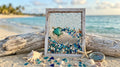 Decorative frame with a turtle design on a beach with ocean and sky in the background