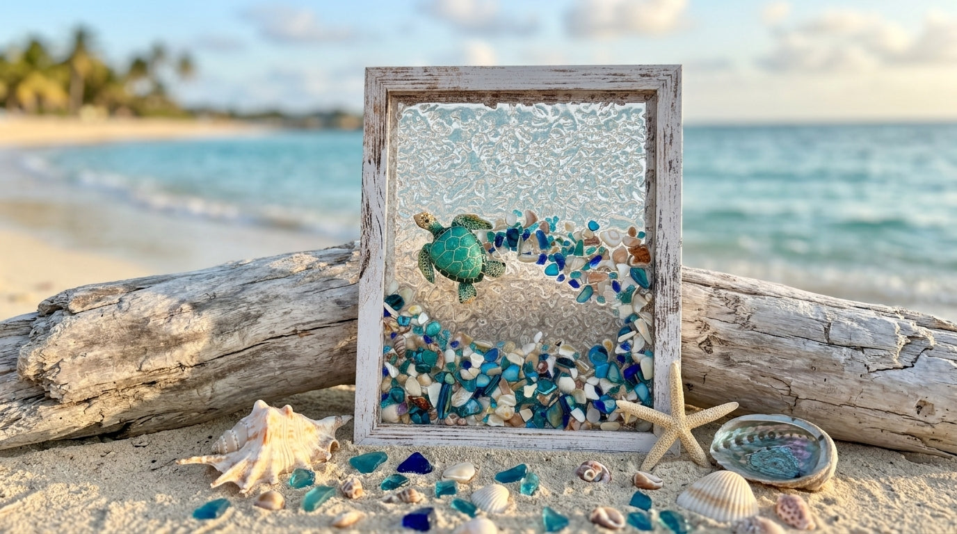 Decorative frame with a turtle design on a beach with ocean and sky in the background