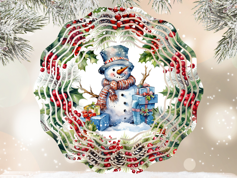 Snowman with presents and holly wind spinner by Coastal Ginger Creations 