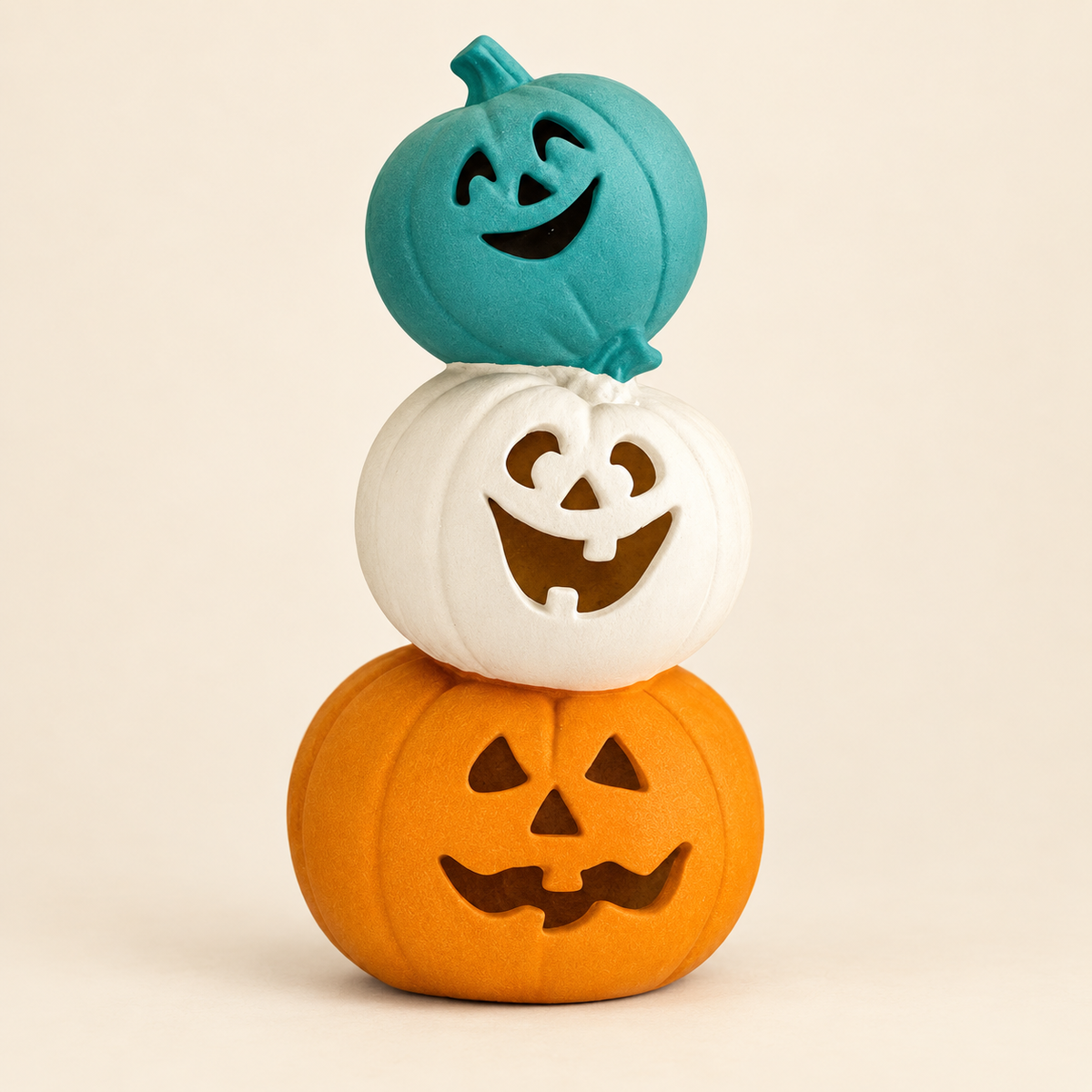 A stack of three decorative jack-o'-lantern pumpkins in teal, white, and orange, each with a carved face and a small top handle, photographed on a plain warm beige background.