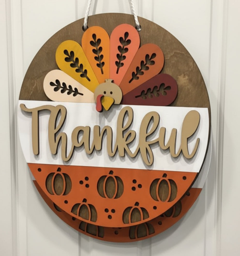 Thankful Thanksgiving Door Hanger painted with the perfect fall color combo by Coastal Ginger Creations 