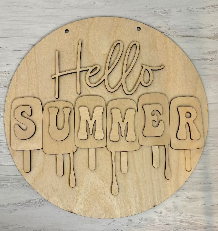 Unpainted Hello Summer Door Hanger by Coastal Ginger Creations, perfect for DIY paint kits