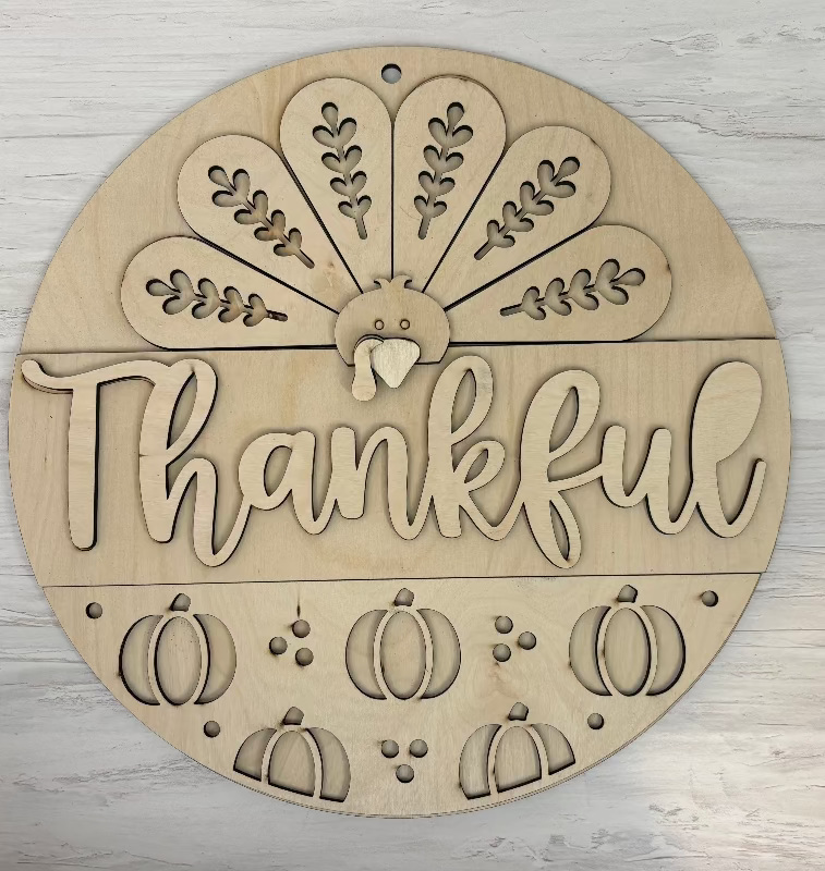 Unpainted Thankful Thanksgiving Door Hanger for DIY Paint Kit by Coastal Ginger Creations 