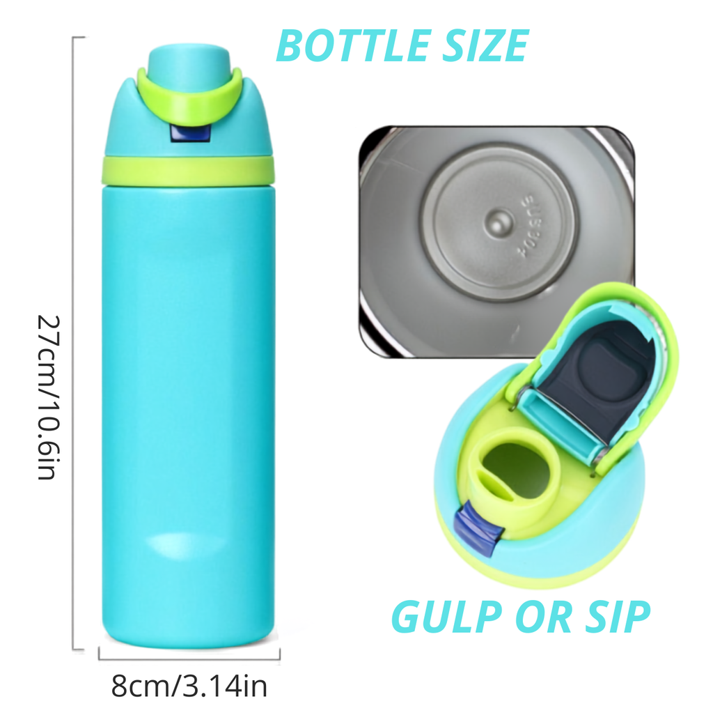 A turquoise and lime green water bottle shown with dimension labels indicating 27cm height and 8cm diameter, plus inset close-ups of the lid and stainless steel interior.