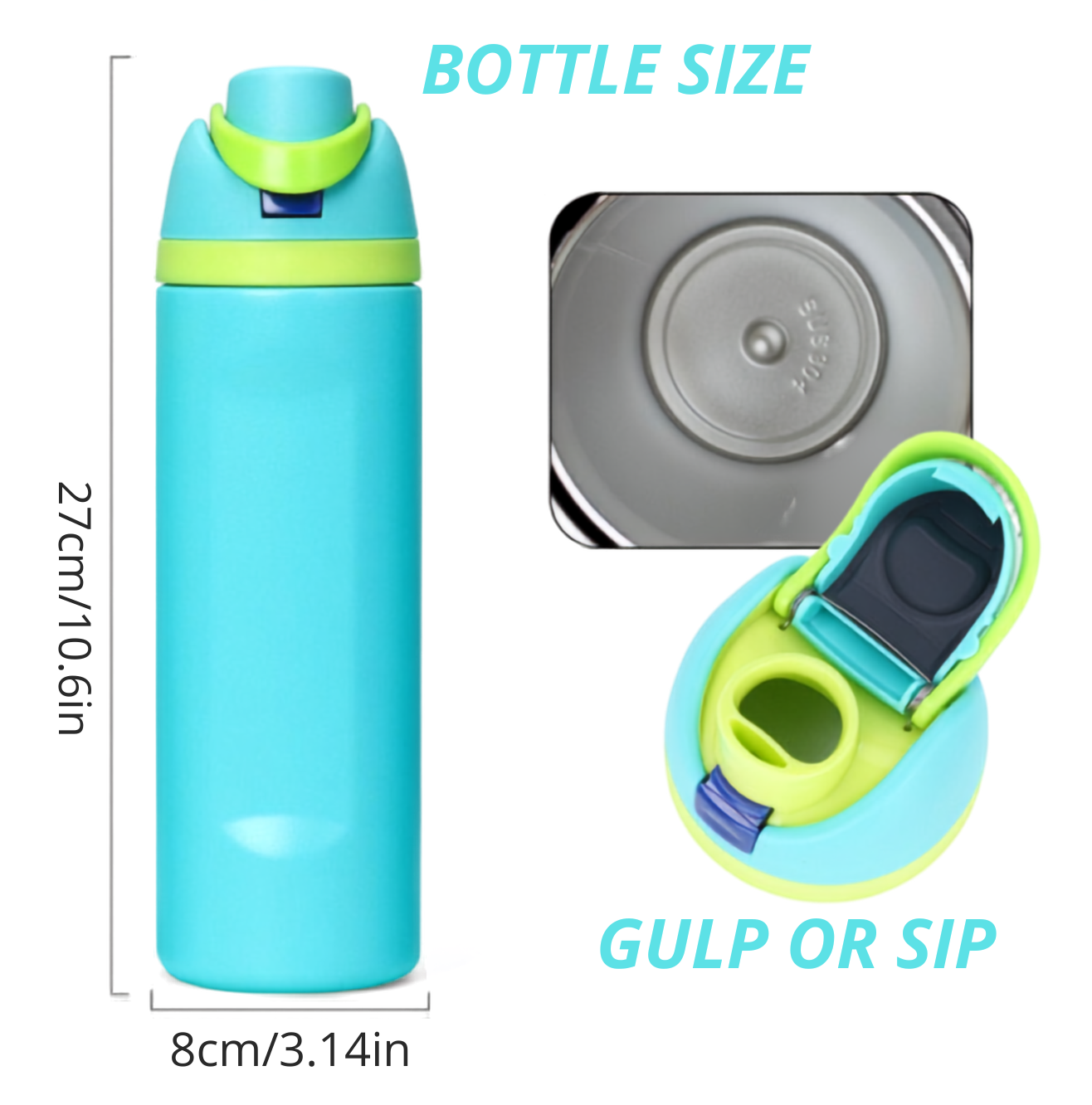 A turquoise and lime green water bottle shown with dimension labels indicating 27cm height and 8cm diameter, plus inset close-ups of the lid and stainless steel interior.