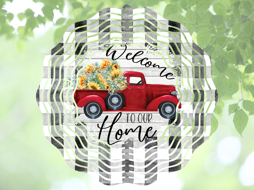 Welcome to our Home Red Truck with Sunflowers wind Spinner by Coastal Ginger Creations 