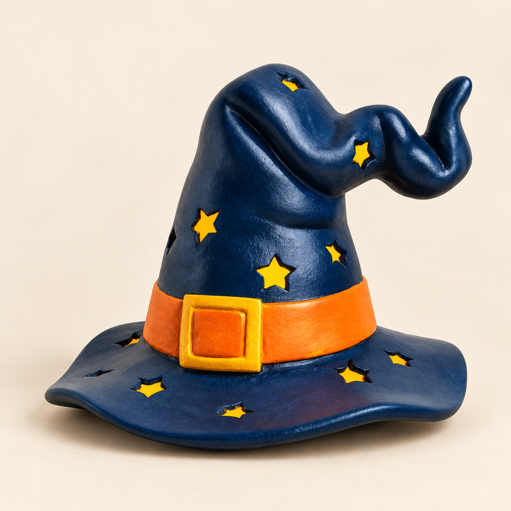 A whimsical witch hat figurine in black  with a bright orange belt and yellow stars, shown on a plain beige background.
